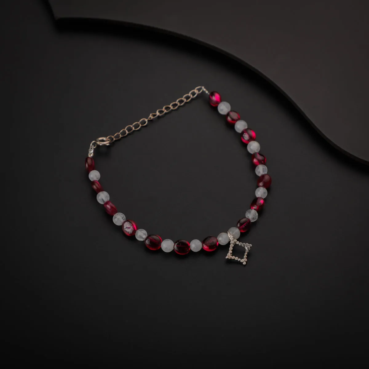 Silver Diamond Shaped Motif Bracelet with Ruby and Moonstone