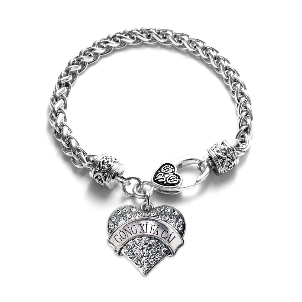 Silver Gōng Xǐ Fā Cái Pave Heart Charm Braided Bracelet