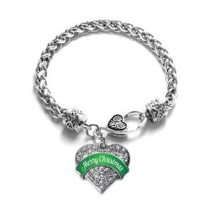 Silver Green Merry Christmas Pave Heart Charm Braided Bracelet