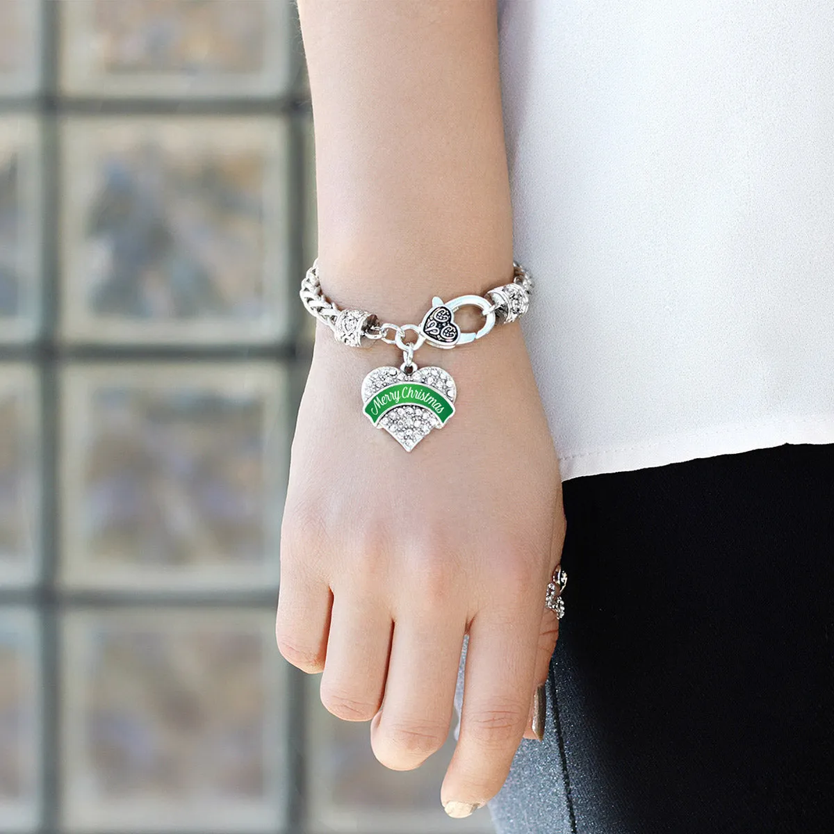 Silver Green Merry Christmas Pave Heart Charm Braided Bracelet