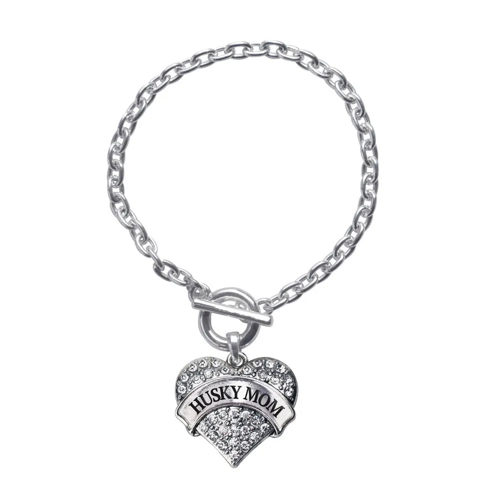 Silver Husky Mom Pave Heart Charm Toggle Bracelet