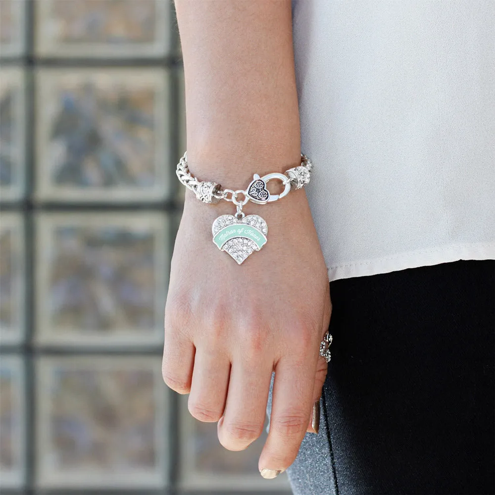 Silver Mint Matron of honor Pave Heart Charm Braided Bracelet