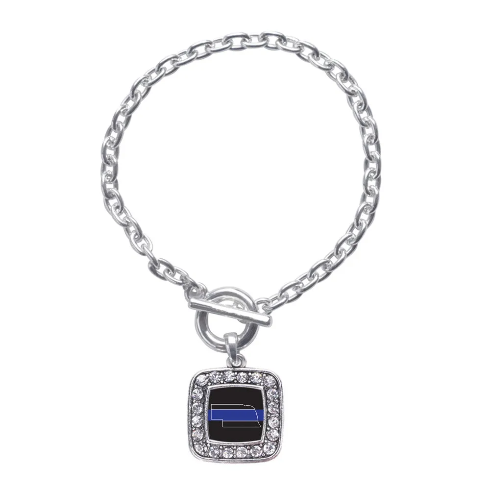 Silver Nebraska Thin Blue Line Square Charm Toggle Bracelet