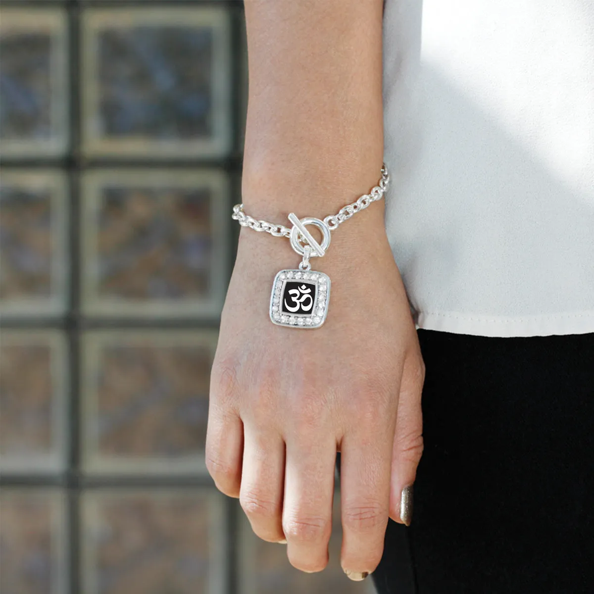 Silver OM - Black and White Square Charm Toggle Bracelet