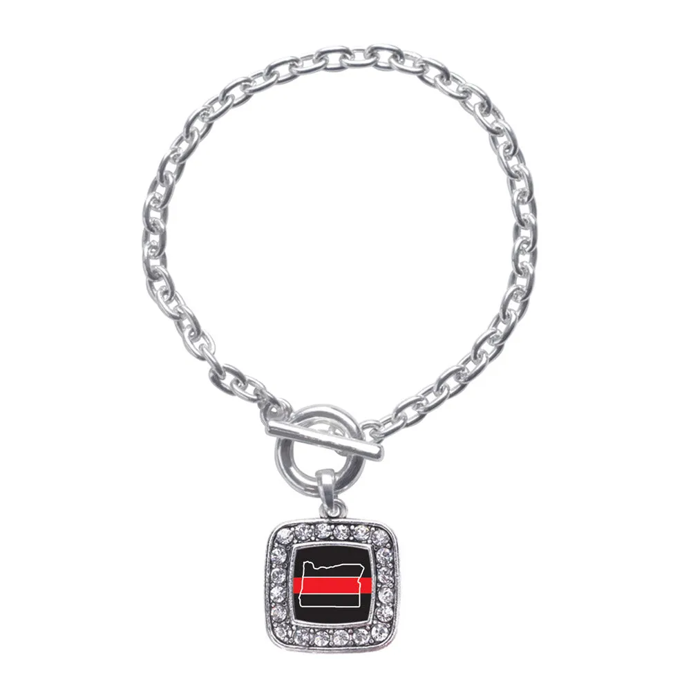 Silver Oregon Thin Red Line Square Charm Toggle Bracelet