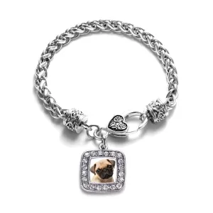 Silver Pug Square Charm Braided Bracelet