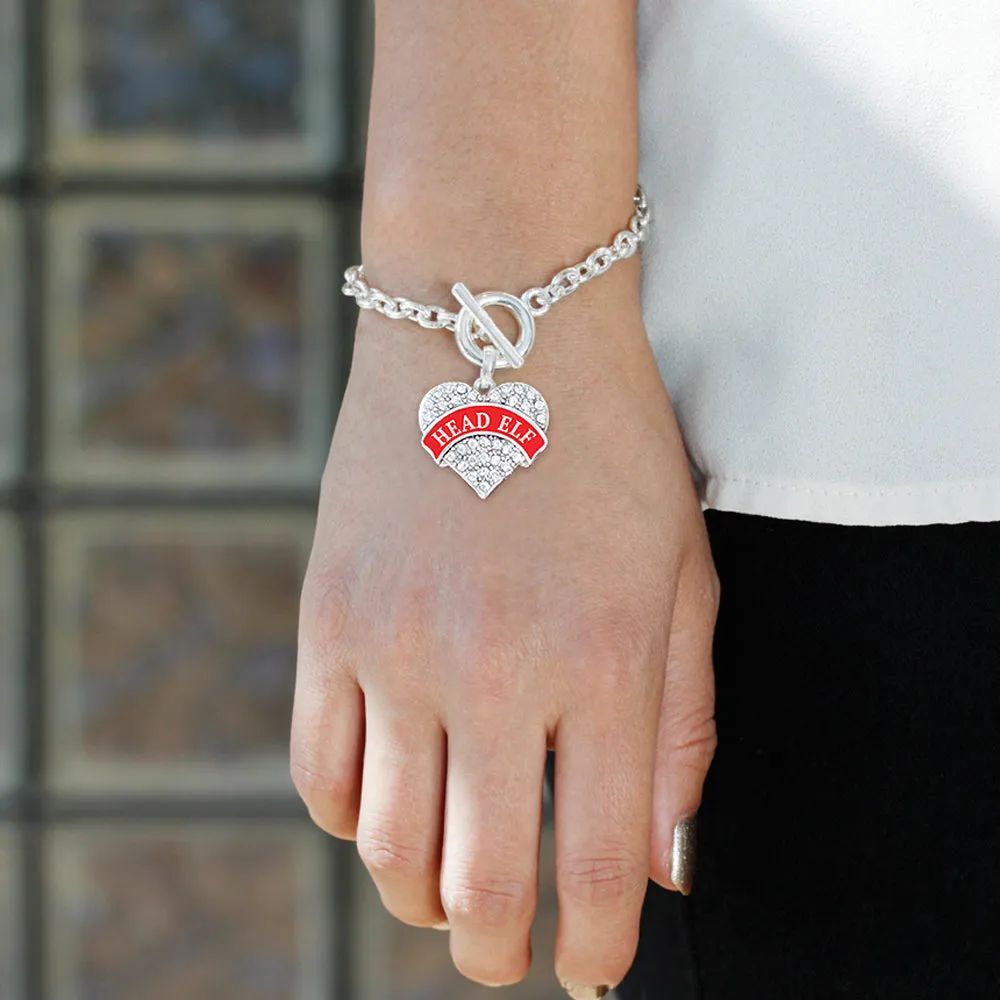 Silver Red Banner Head Elf Pave Heart Charm Toggle Bracelet