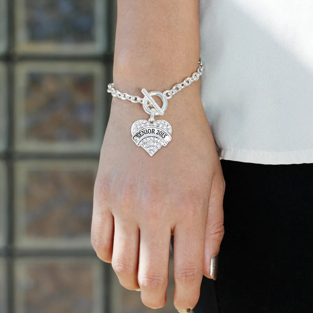 Silver Senior 2015 Pave Heart Charm Toggle Bracelet