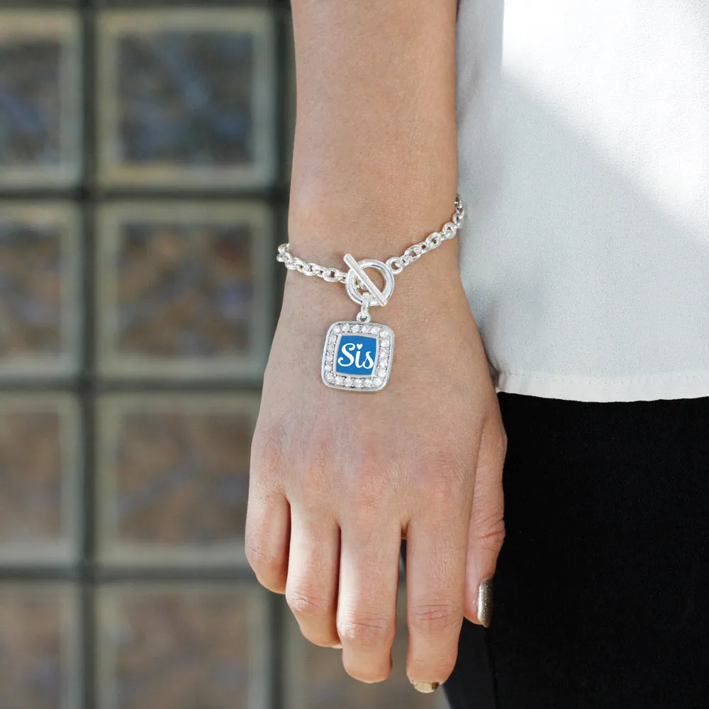 Silver Sis Blue Script Square Charm Toggle Bracelet
