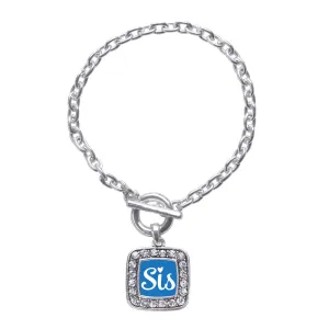 Silver Sis Blue Script Square Charm Toggle Bracelet