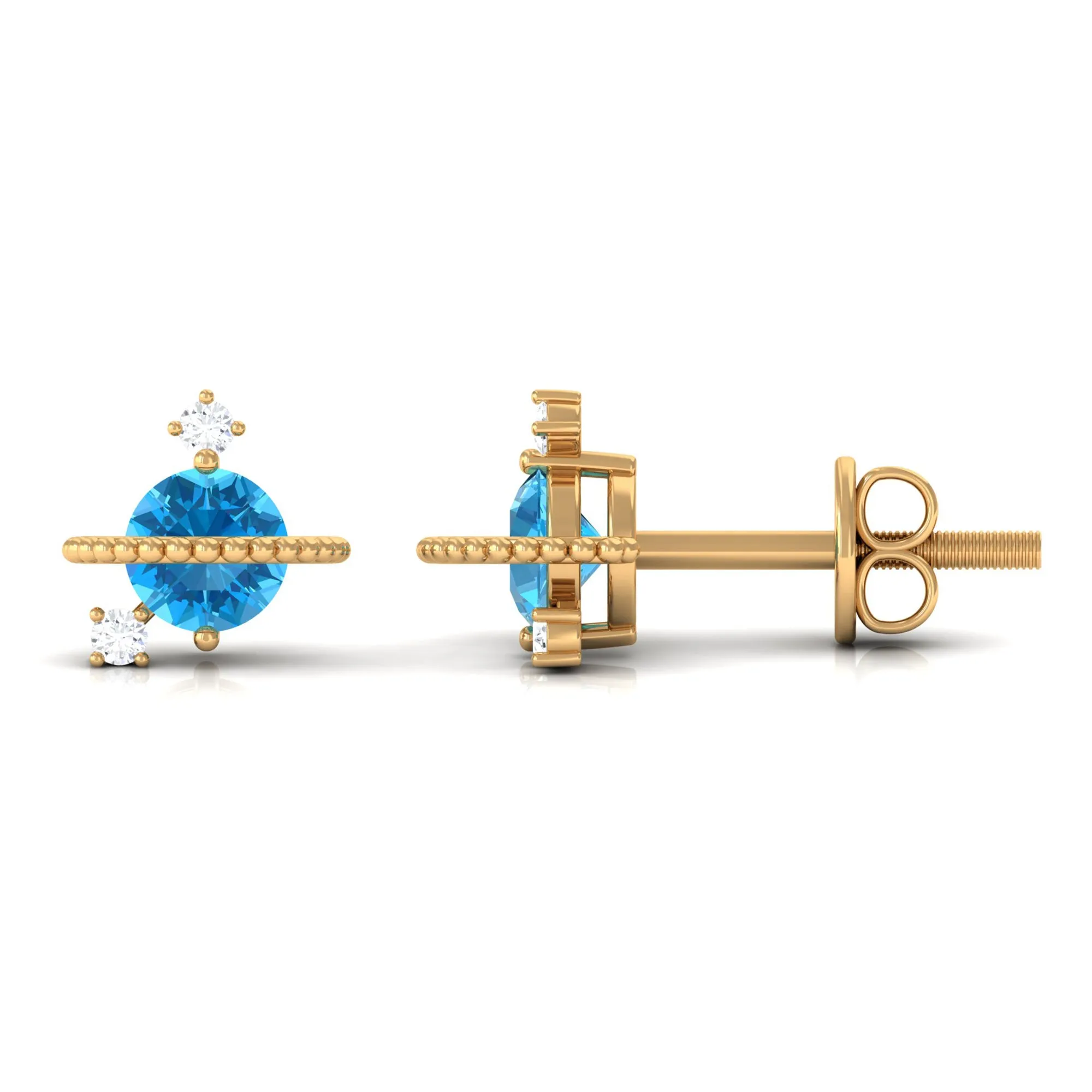 Swiss Blue Topaz Celestial Stud Earrings with Diamond Stones