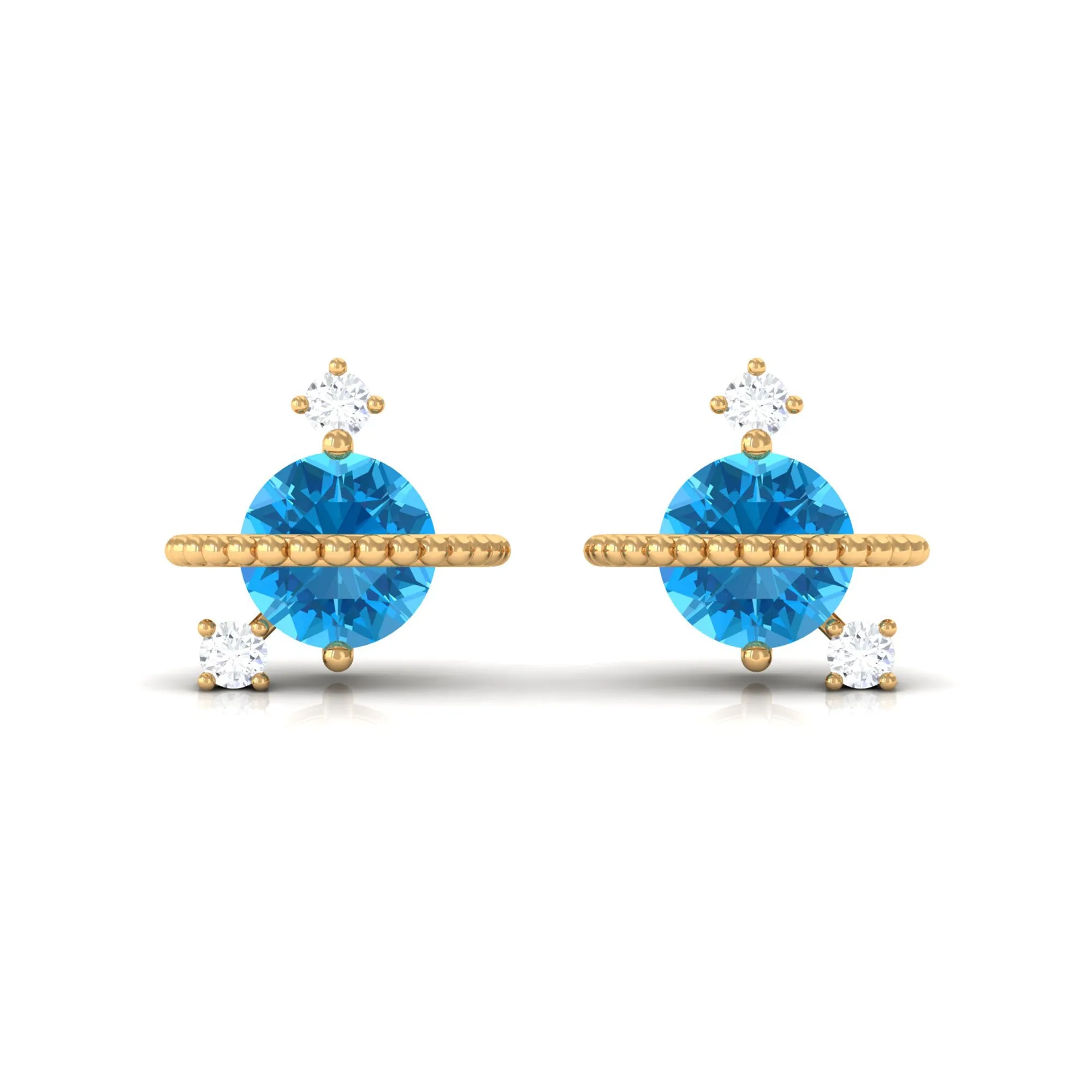 Swiss Blue Topaz Celestial Stud Earrings with Diamond Stones
