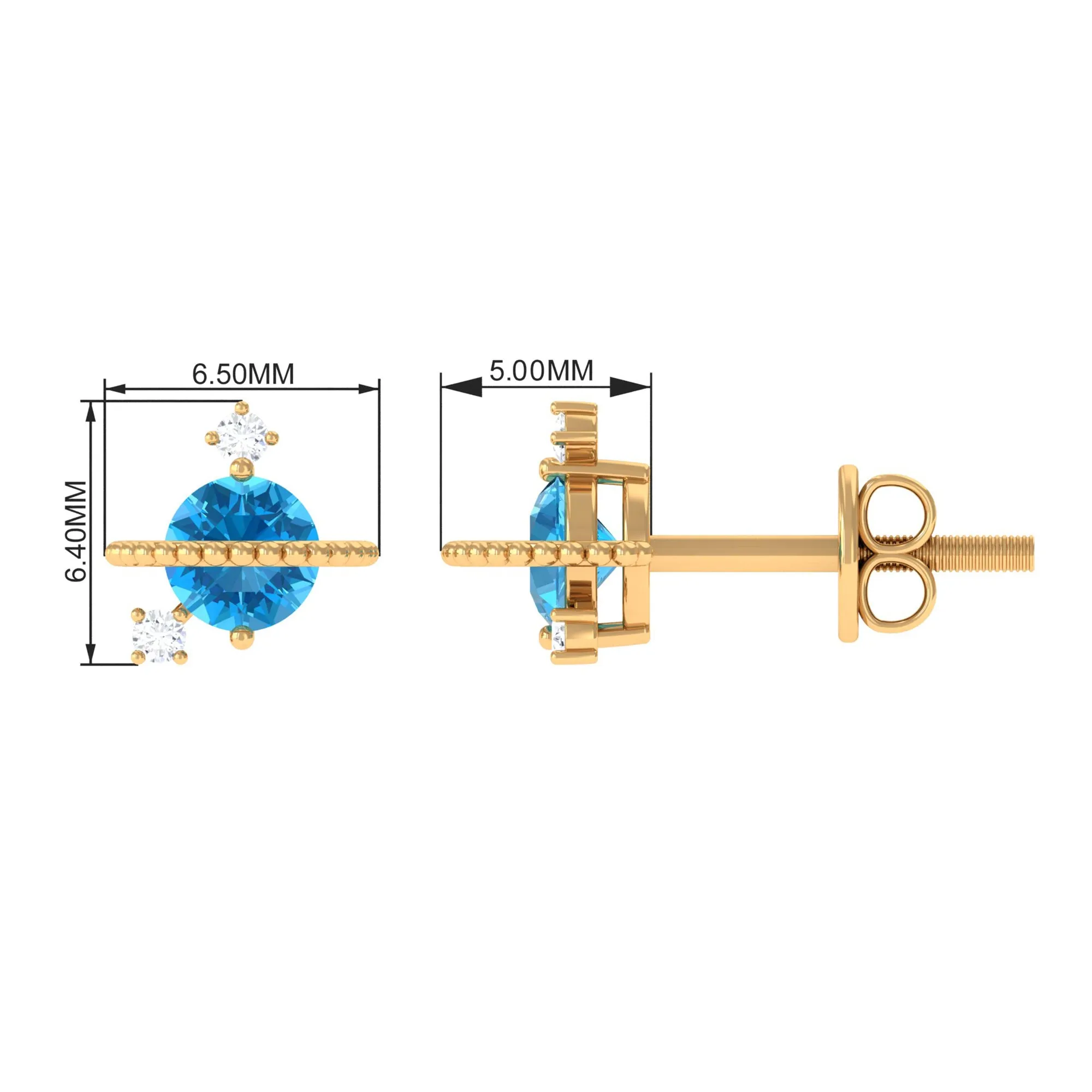 Swiss Blue Topaz Celestial Stud Earrings with Diamond Stones