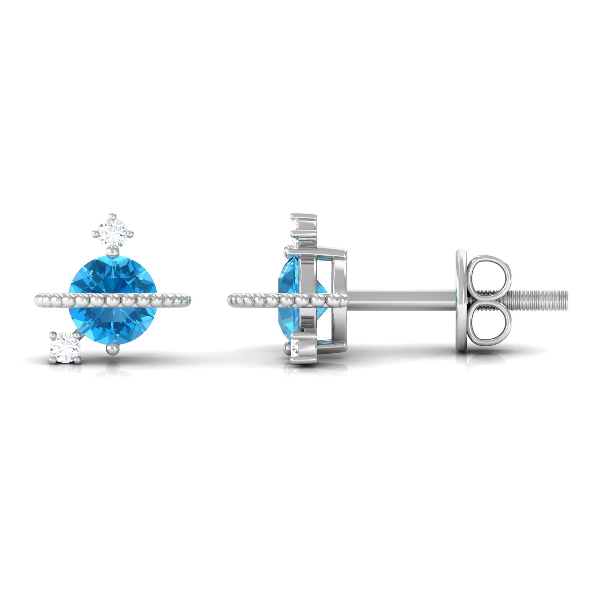 Swiss Blue Topaz Celestial Stud Earrings with Diamond Stones