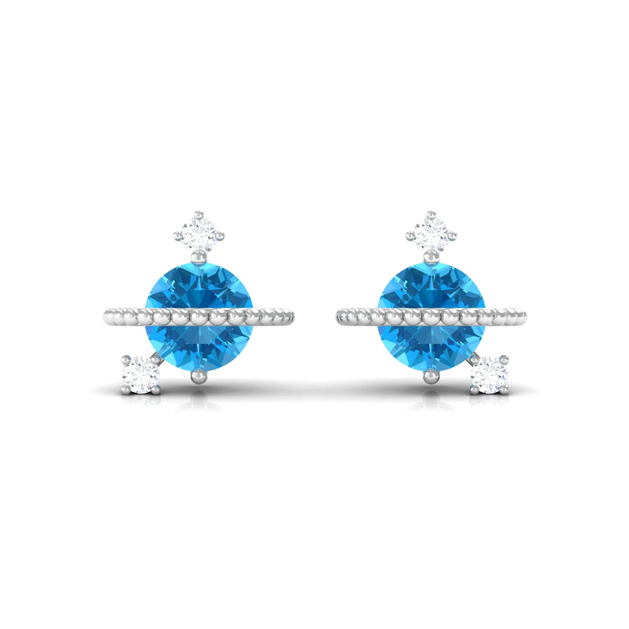 Swiss Blue Topaz Celestial Stud Earrings with Diamond Stones