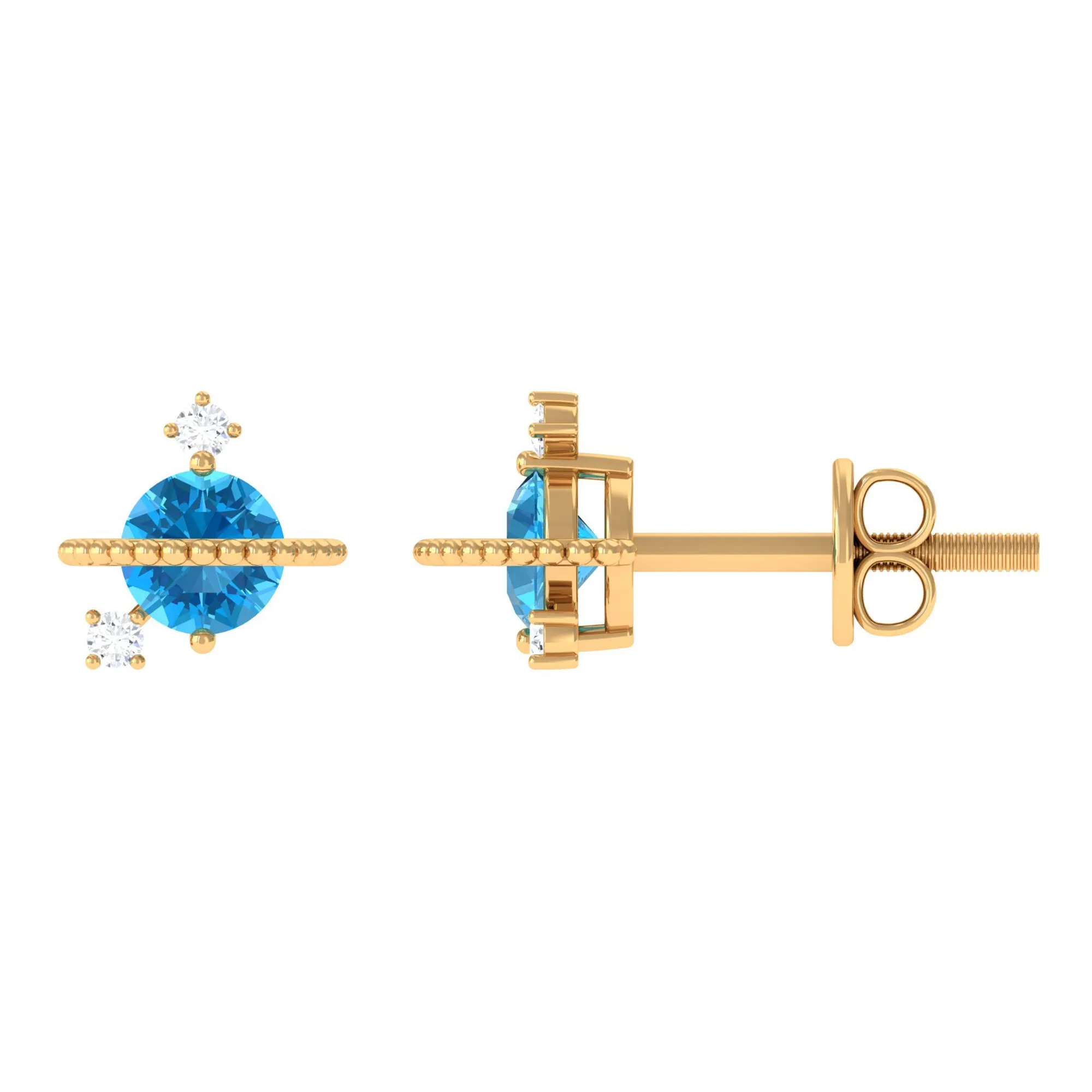 Swiss Blue Topaz Celestial Stud Earrings with Diamond Stones