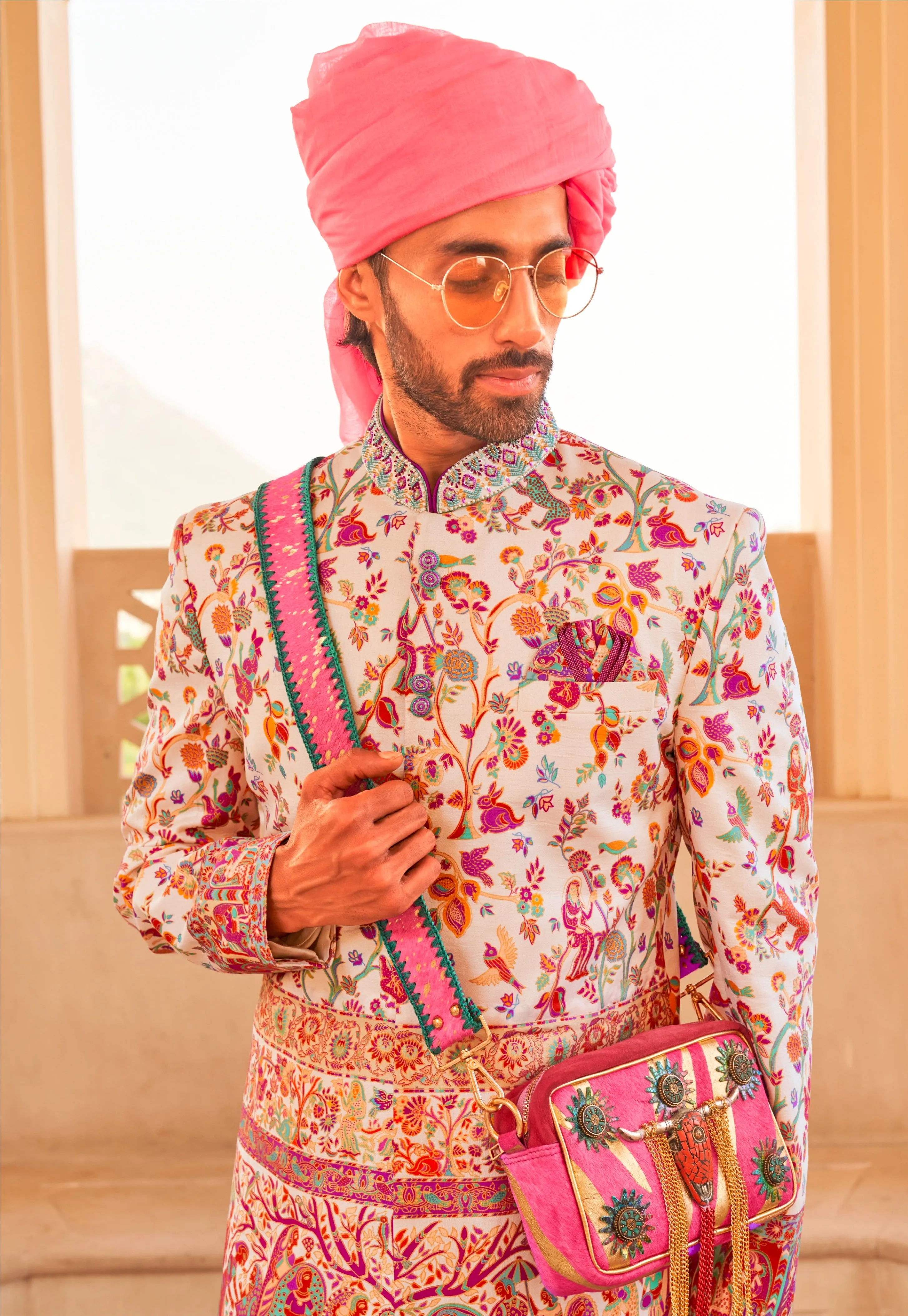 Trending: Exquisite Foil Print Designer Sherwani Suit Ensemble