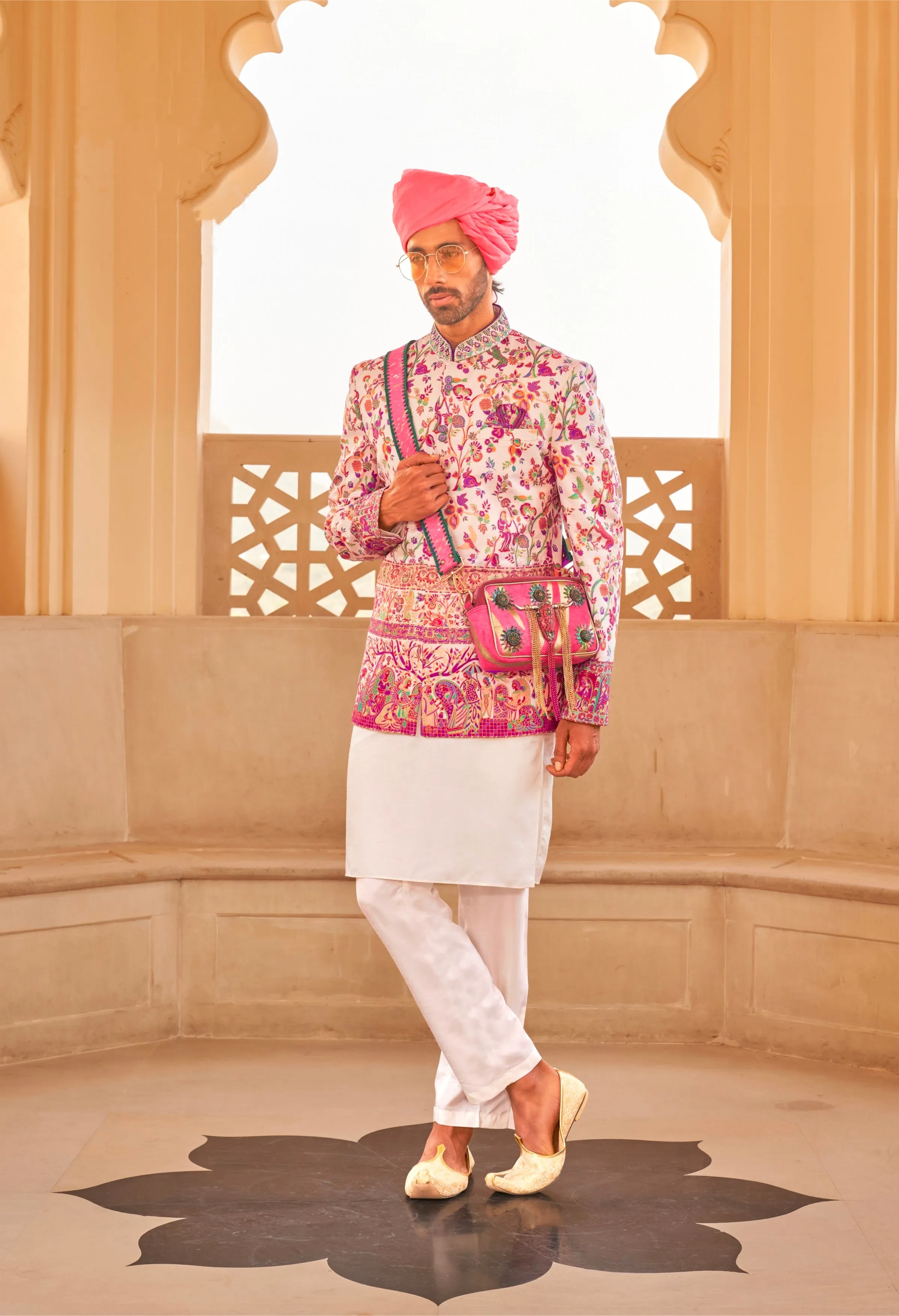 Trending: Exquisite Foil Print Designer Sherwani Suit Ensemble