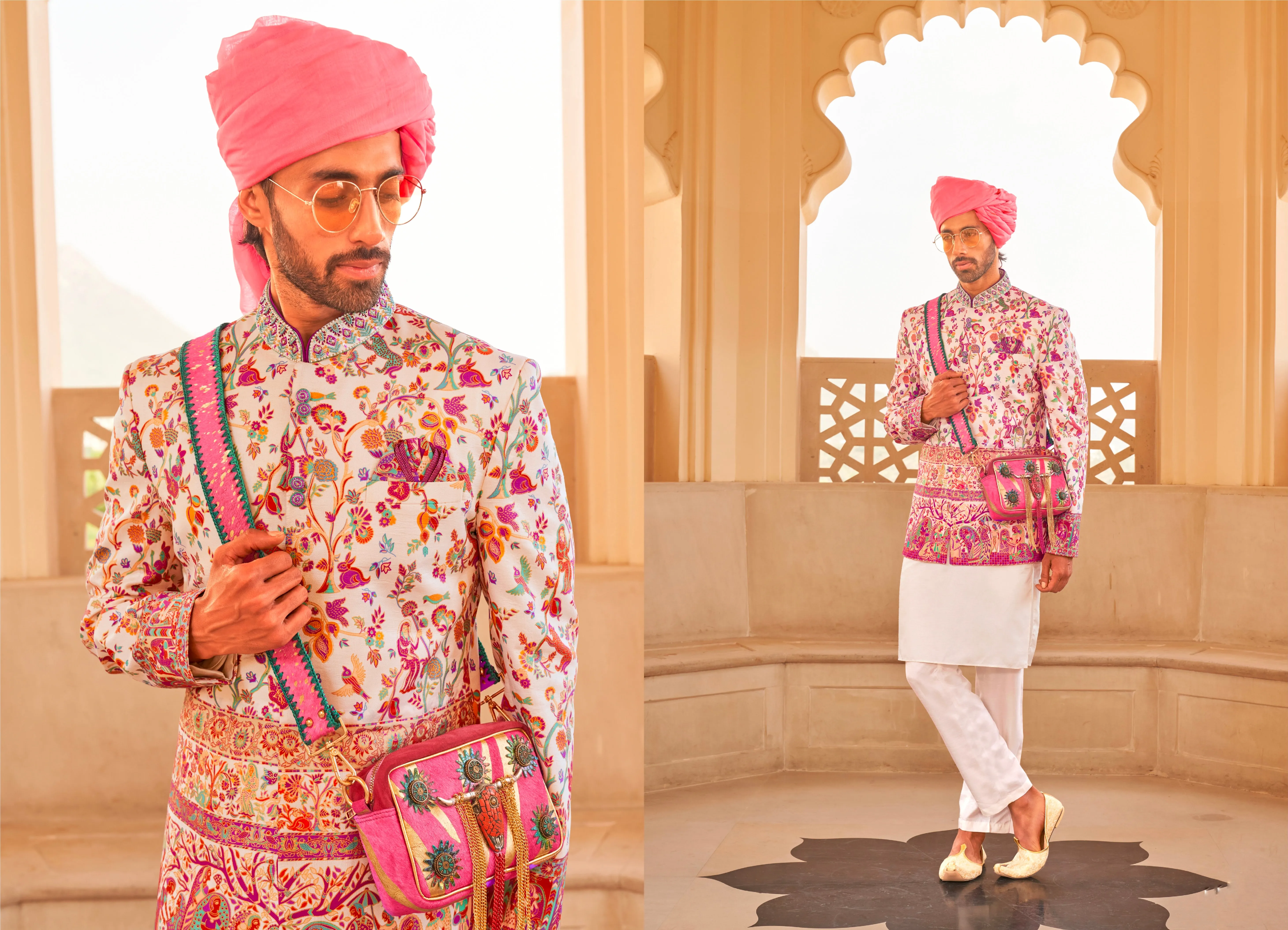 Trending: Exquisite Foil Print Designer Sherwani Suit Ensemble