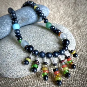 Tribal Style Necklace, Waterfall, Black Shungite & Recycled African Glass