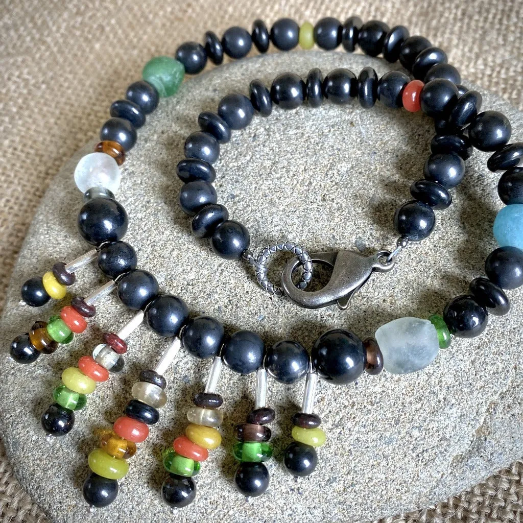 Tribal Style Necklace, Waterfall, Black Shungite & Recycled African Glass