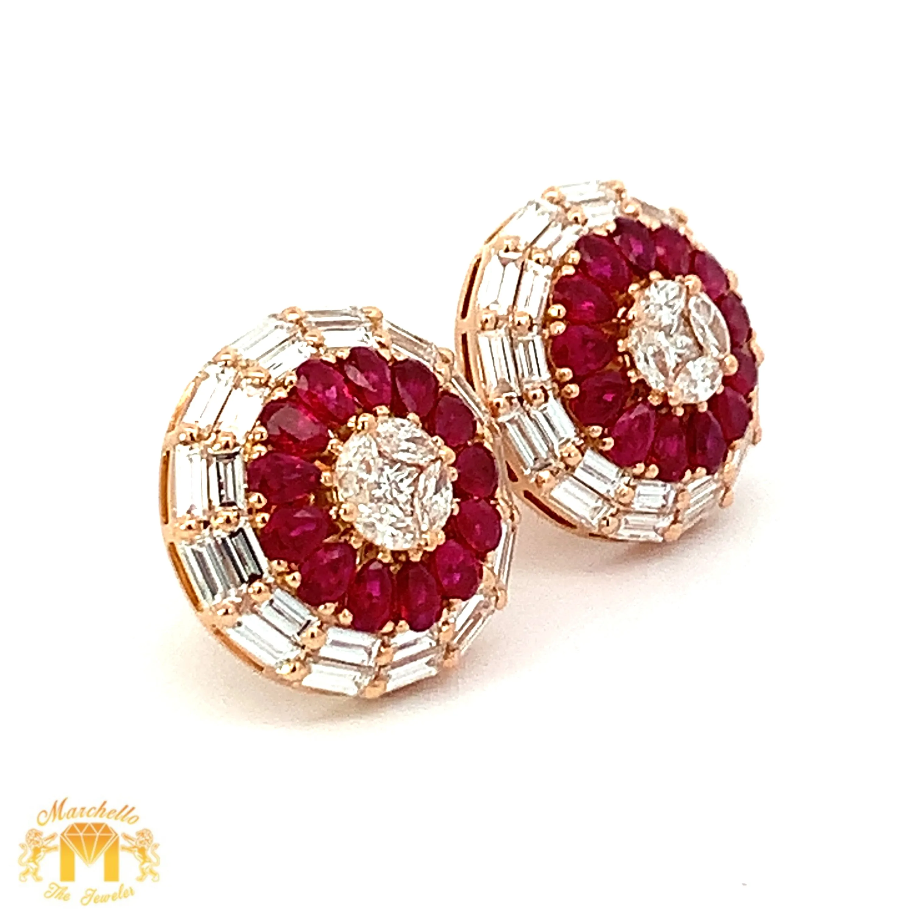 VVS/vs high clarity diamonds set in a 18k Gold Pear Cut Ruby Stone Circle Earrings with Baguette and Round Diamonds