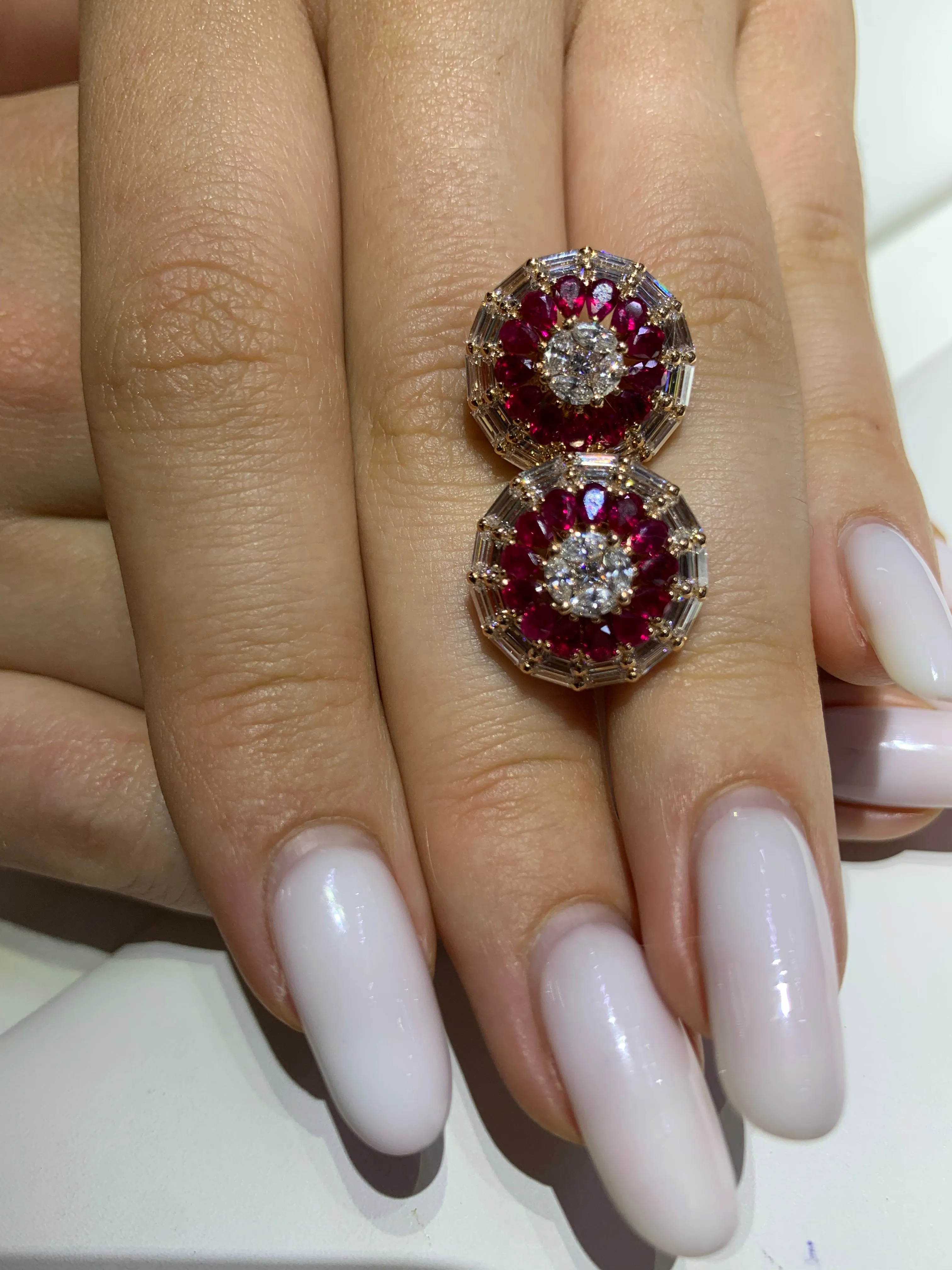VVS/vs high clarity diamonds set in a 18k Gold Pear Cut Ruby Stone Circle Earrings with Baguette and Round Diamonds