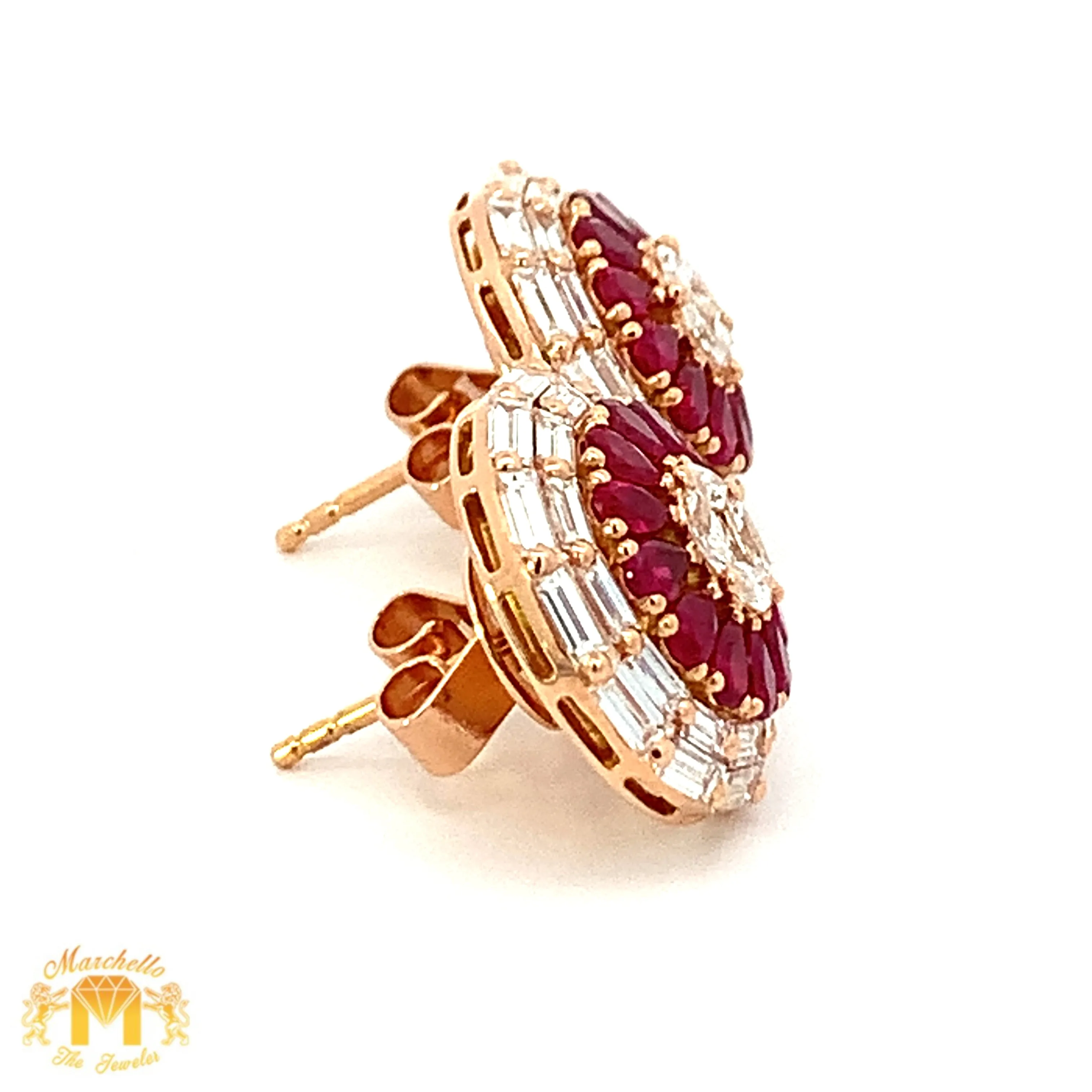 VVS/vs high clarity diamonds set in a 18k Gold Pear Cut Ruby Stone Circle Earrings with Baguette and Round Diamonds