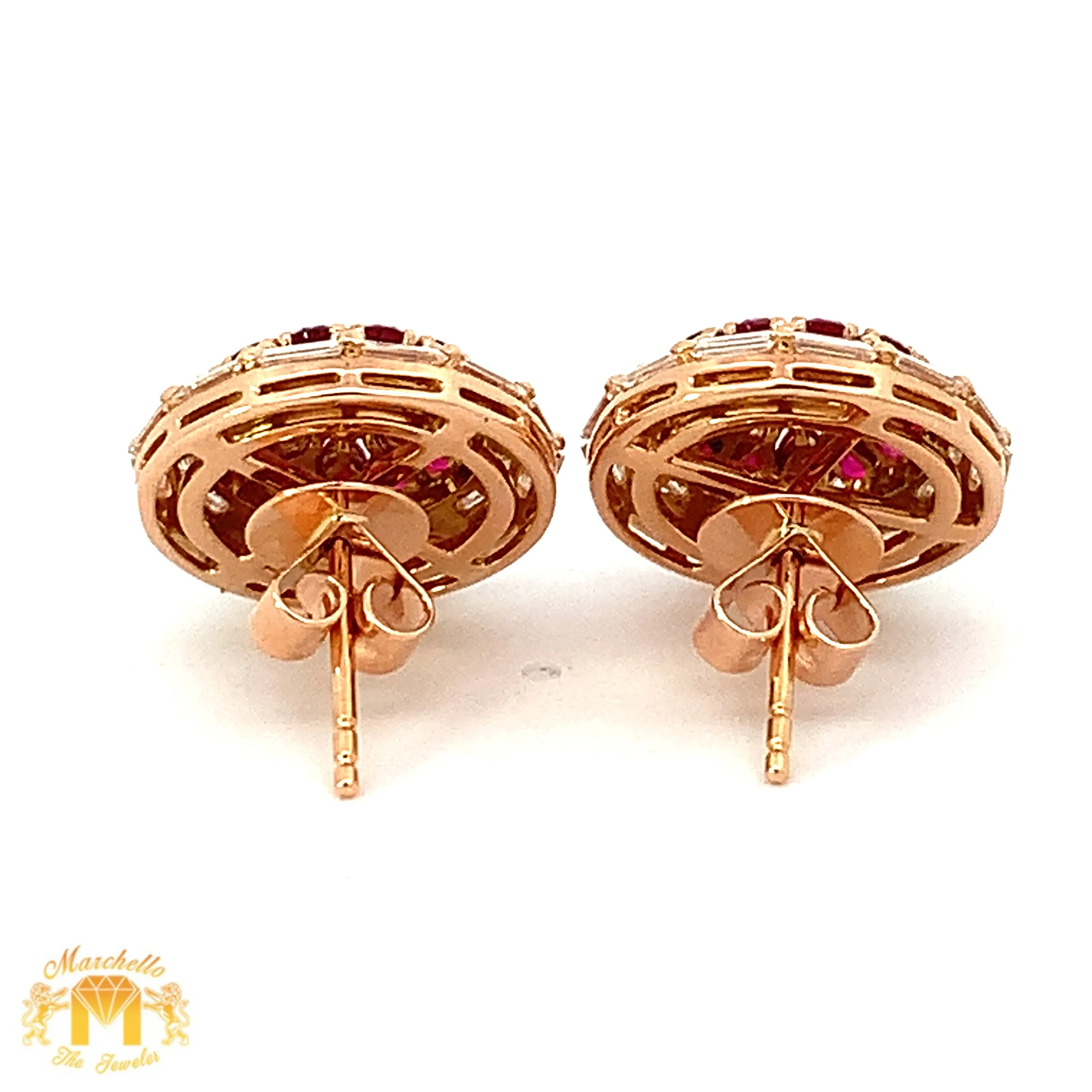 VVS/vs high clarity diamonds set in a 18k Gold Pear Cut Ruby Stone Circle Earrings with Baguette and Round Diamonds